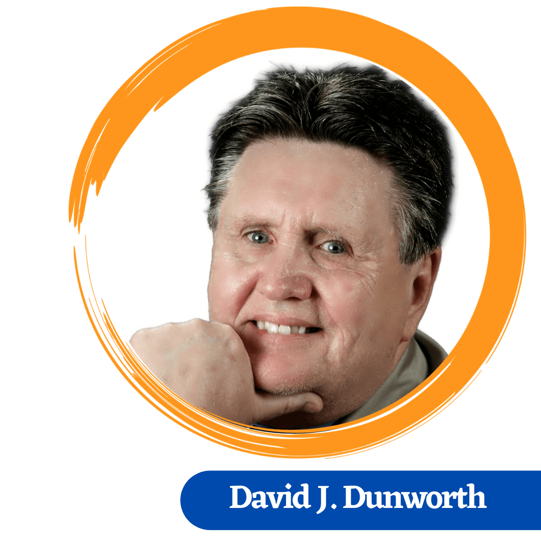 Head shot of David Dunnworth, with his hand holding his chin. surrounded by a painted yellow circle and a blue name tag.