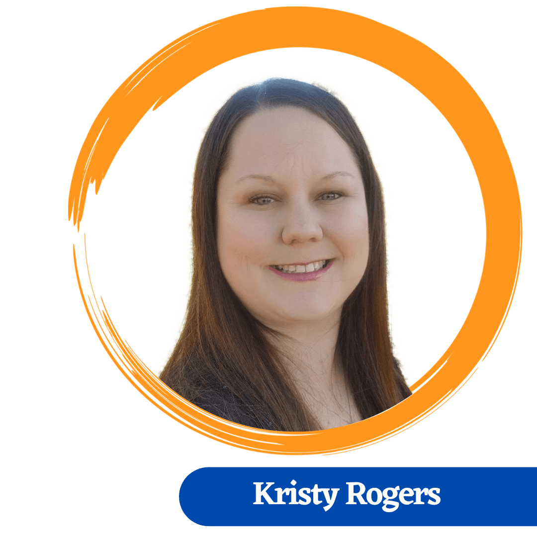 Headshot of Kristy Rogers, wearing a dark top. surrounded by a yellow painted circle. with her name tag under the circle on a blue background