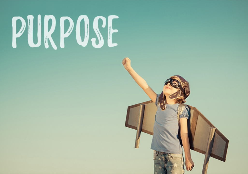 Child with cardboard wings strikes a superhero pose under a blue sky with the word PURPOSE written above